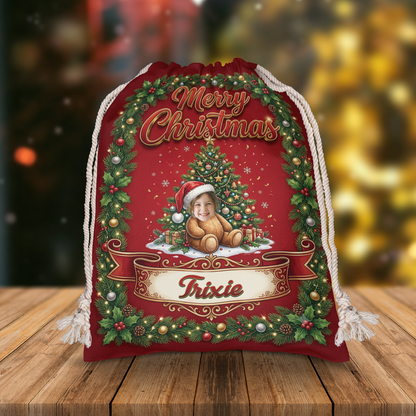 Personalized Teddy Bear Christmas Sack with Custom Photo