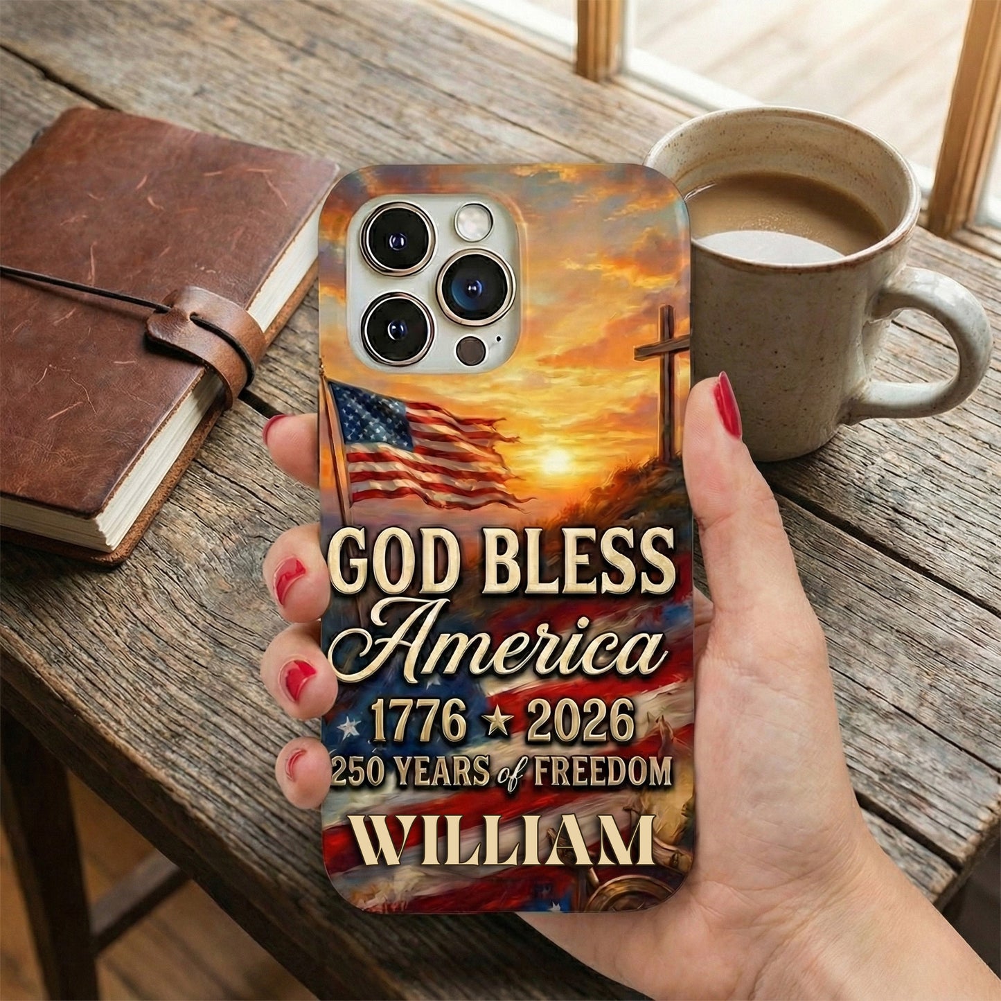 Custom Name Patriotic 250th Anniversary God Bless America Eagle 1776–2026 Phone Case