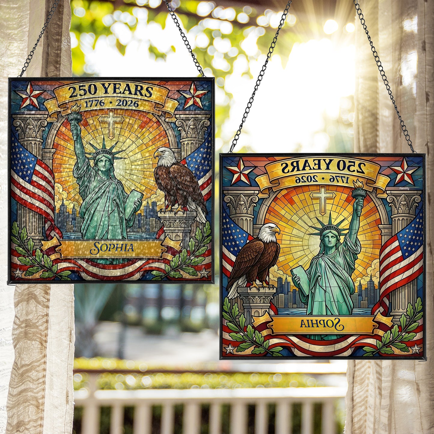 Personalized USA 250 Years Stained Glass Suncatcher – Liberty Statue Patriotic Window Hanging 1776–2026