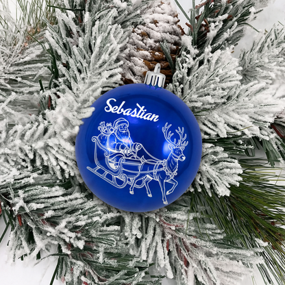 Personalized Name Santa Sleigh Reindeer Blue Christmas Ball Ornament, Custom Line Art Shatterproof Plastic Bauble