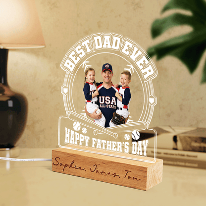 Personalized Best Dad Ever Baseball Night Light – Custom Photo LED Acrylic Lamp Gift for Dad