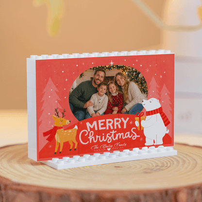 Personalized Photo Christmas Building Block in Crimson Red, Custom Family Name Reindeer & Polar Bear Brick Puzzle Keepsake Decor, Festive Holiday Desk Gift