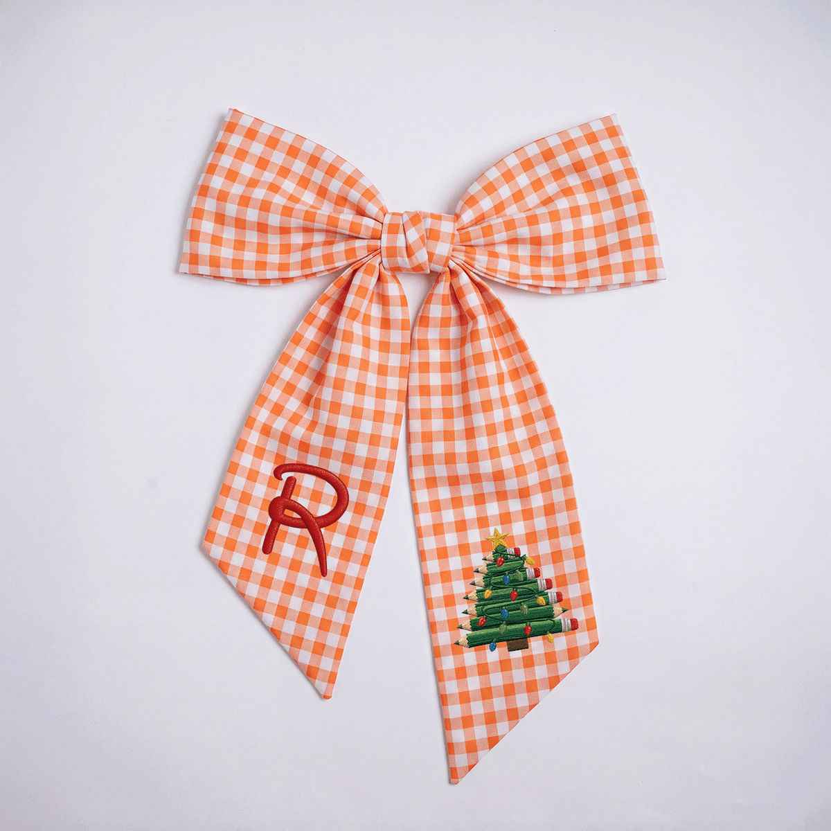 Custom Monogram Pencil Christmas Tree Embroidered Linen Door Wreath Sash, Personalized Initial Teacher School Pencil Tree Lights Holiday Wreath Sash & Front Door Decor