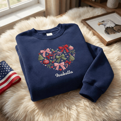 Personalized Embroidered Christmas Heart Wreath Sweatshirt with Custom Name