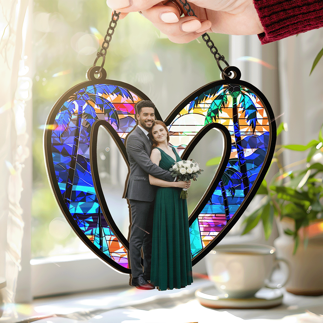 Two Hearts, One Love – Romantic Photo Gift for Couples – Personalized Heart Couple Photo 2-Layer Stained Glass Suncatcher