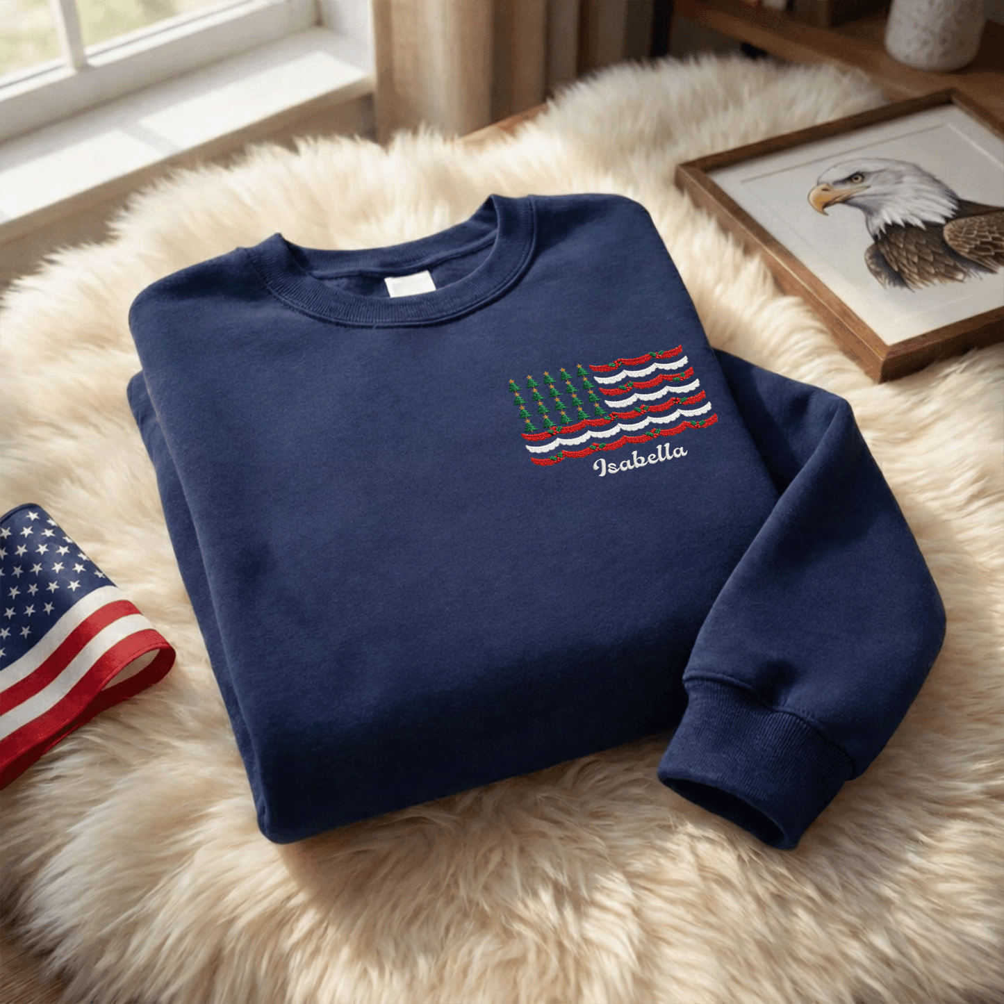 Personalized Christmas Tree American Flag Embroidered Sweatshirt | Custom Name Holiday Crewneck Gift