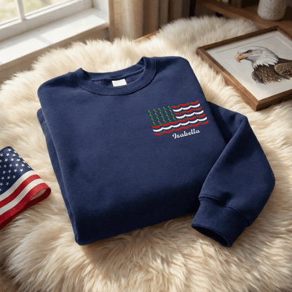 Personalized Christmas Tree American Flag Embroidered Sweatshirt | Custom Name Holiday Crewneck Gift