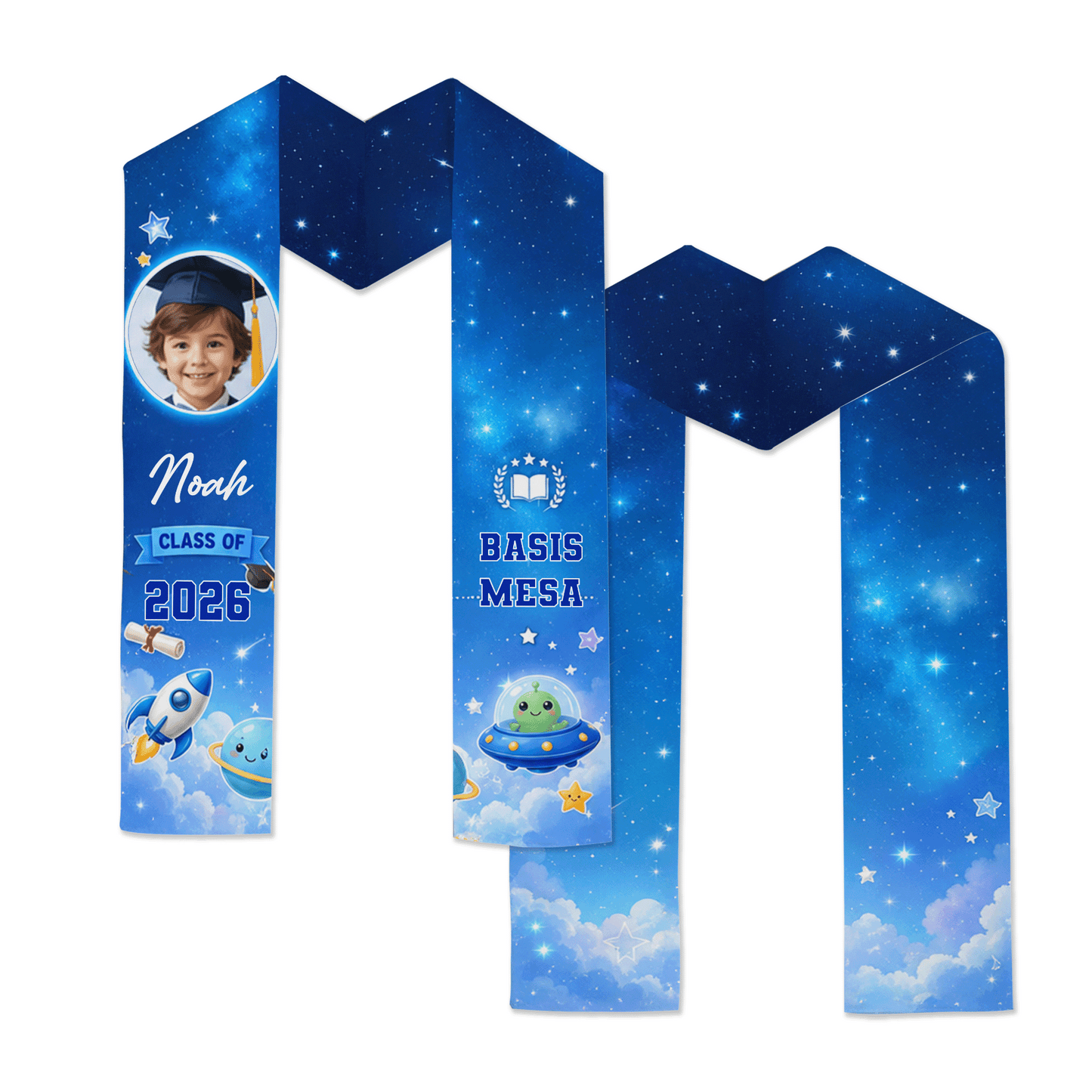 Personalized Blue Rocket Kid Graduation Stole – Custom Name