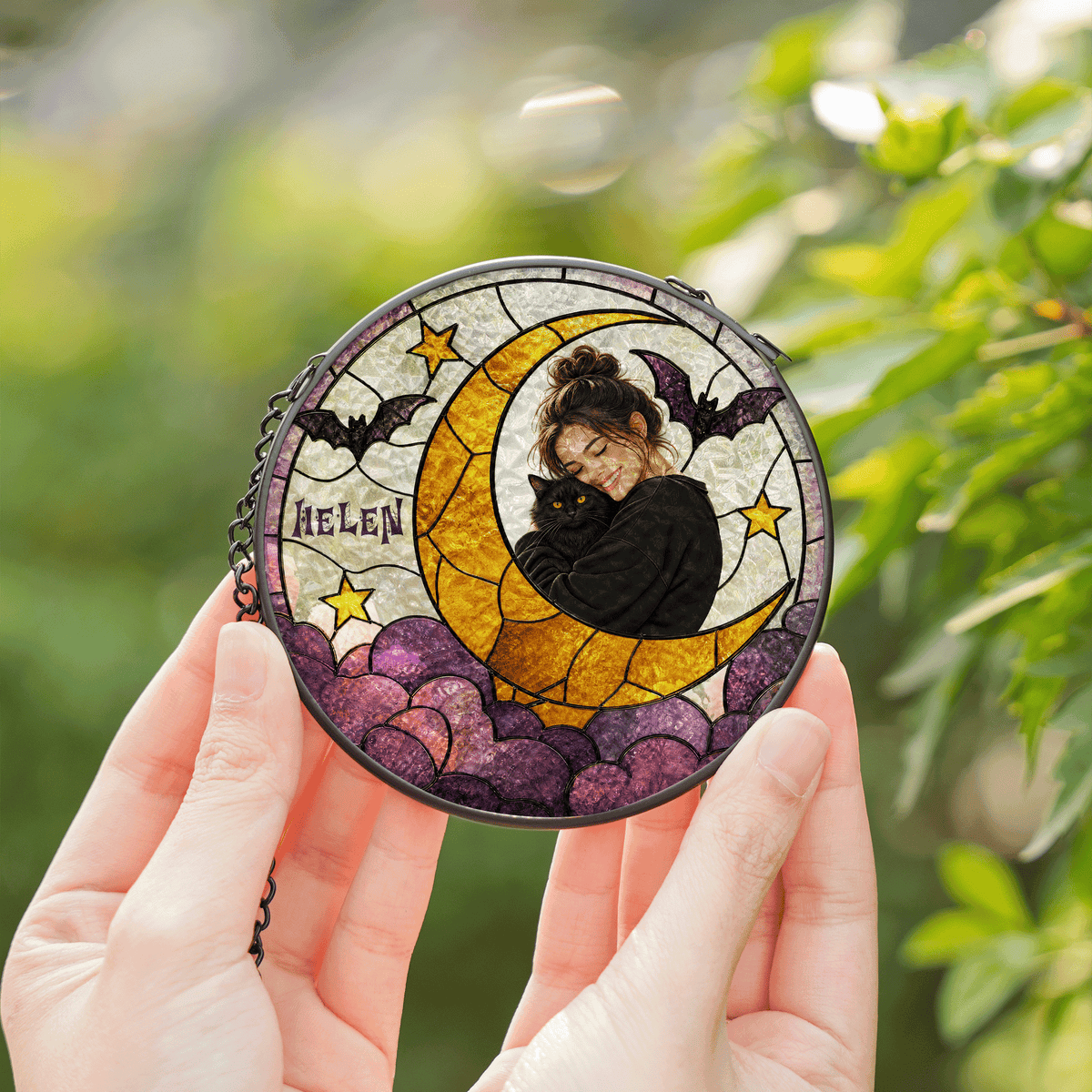 Personalized Halloween Crescent Moon Pet Custom Photo Bat Stained Glass Suncatcher Window Hanging Custom Name Home Wall Decor