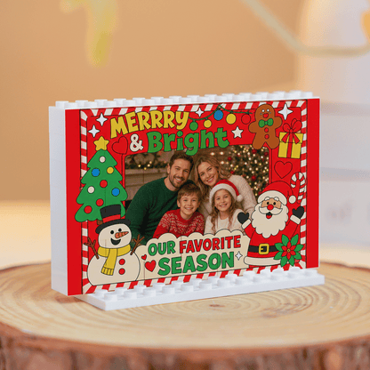 Personalized Photo Christmas Building Block in Festive Red, Custom Family Picture Candy Cane Border "Merry & Bright" Santa & Snowman Brick Puzzle Keepsake Decor, Festive Holiday Desk Gift