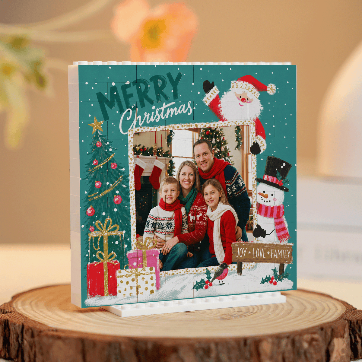 Personalized Photo Christmas Building Block in Deep Teal, Custom Family Picture Santa & Snowman "Joy Love Family" Brick Puzzle Keepsake Decor, Festive Holiday Desk Gift