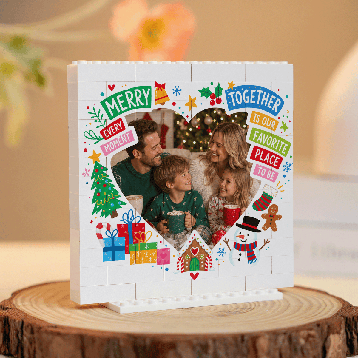 Personalized Photo Christmas Building Block in White, Custom Family Picture "Every Moment Together" Heart Brick Puzzle Keepsake Decor, Festive Holiday Desk Gift
