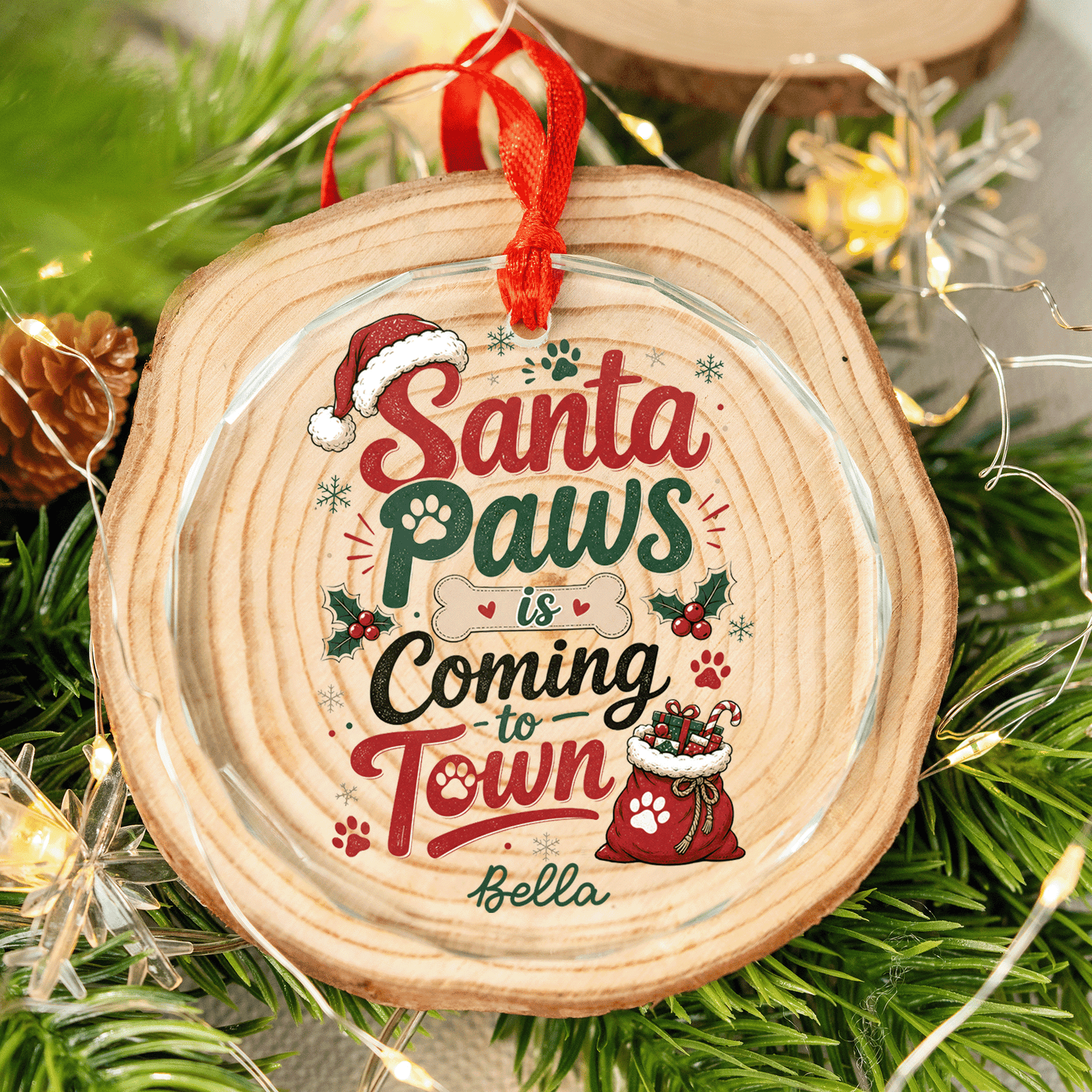 Personalized Santa Paws Is Coming to Town Glass Ornament, Custom Pet Name Christmas Gift