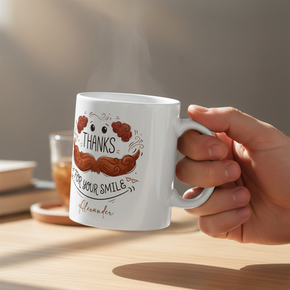 Custom Name Dad Mug – Thanks for Your Smile Funny Mustache Coffee Cup, Personalized Gift for Father