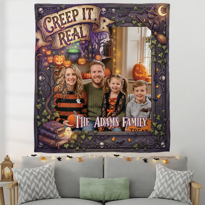 Personalized Halloween Creep It Real Photo Tapestry, Custom Family Photo Name Wall Hanging Decor, Spooky Witchy Haunted House Party Backdrop
