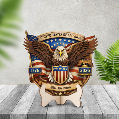 Personalized USA 250th Anniversary 2-Layer Wood Sign – Patriotic Eagle Emblem 1776–2026 Custom Family Name Door Decor