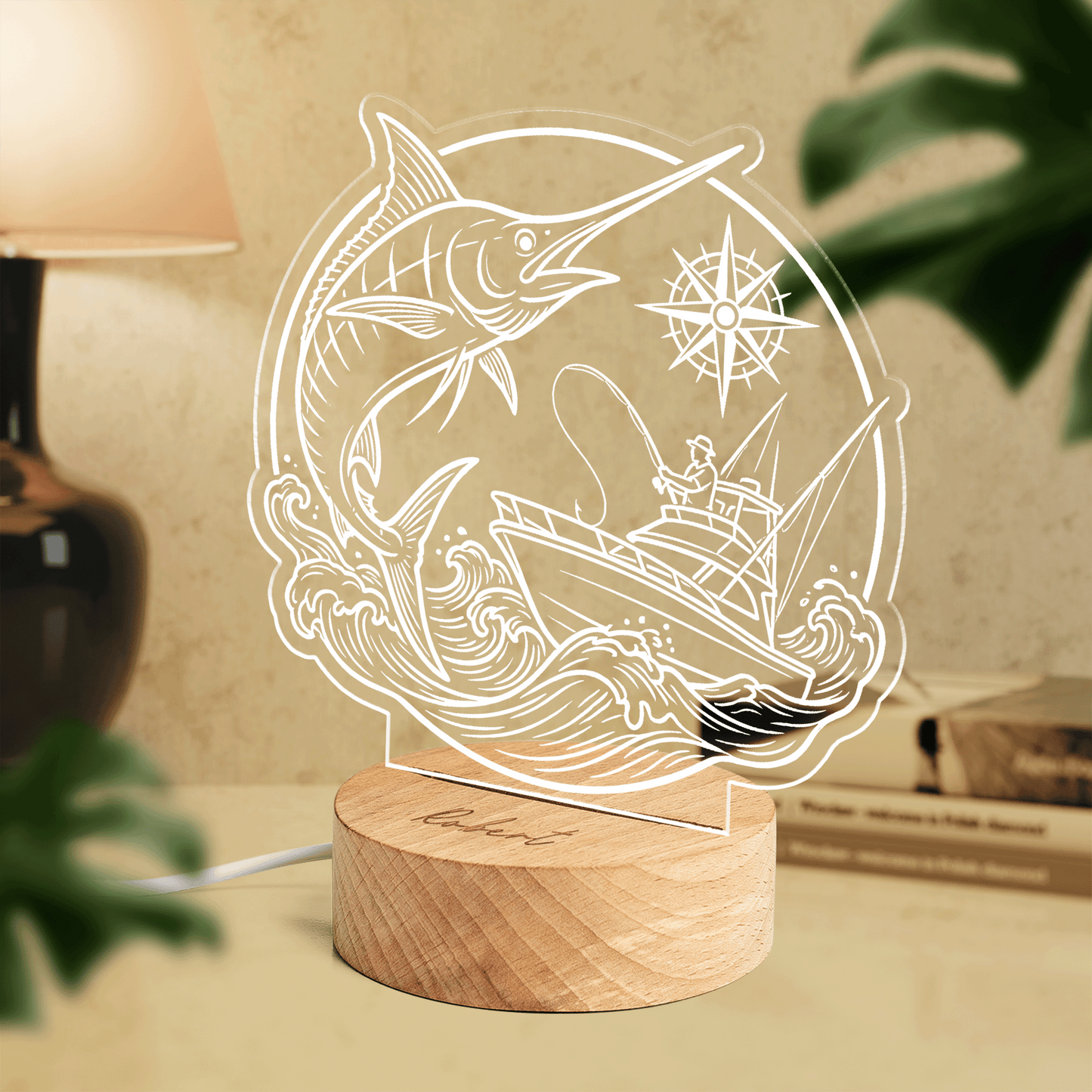 Personalized Fishing Dad Photo Night Light – Custom Name LED Acrylic Lamp Gift for Dad