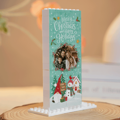 Personalized Photo Christmas Building Block in Mint Green, Custom Family Picture Gnome & Snowman Wreath Brick Puzzle Keepsake Decor, Festive Holiday Desk Gift