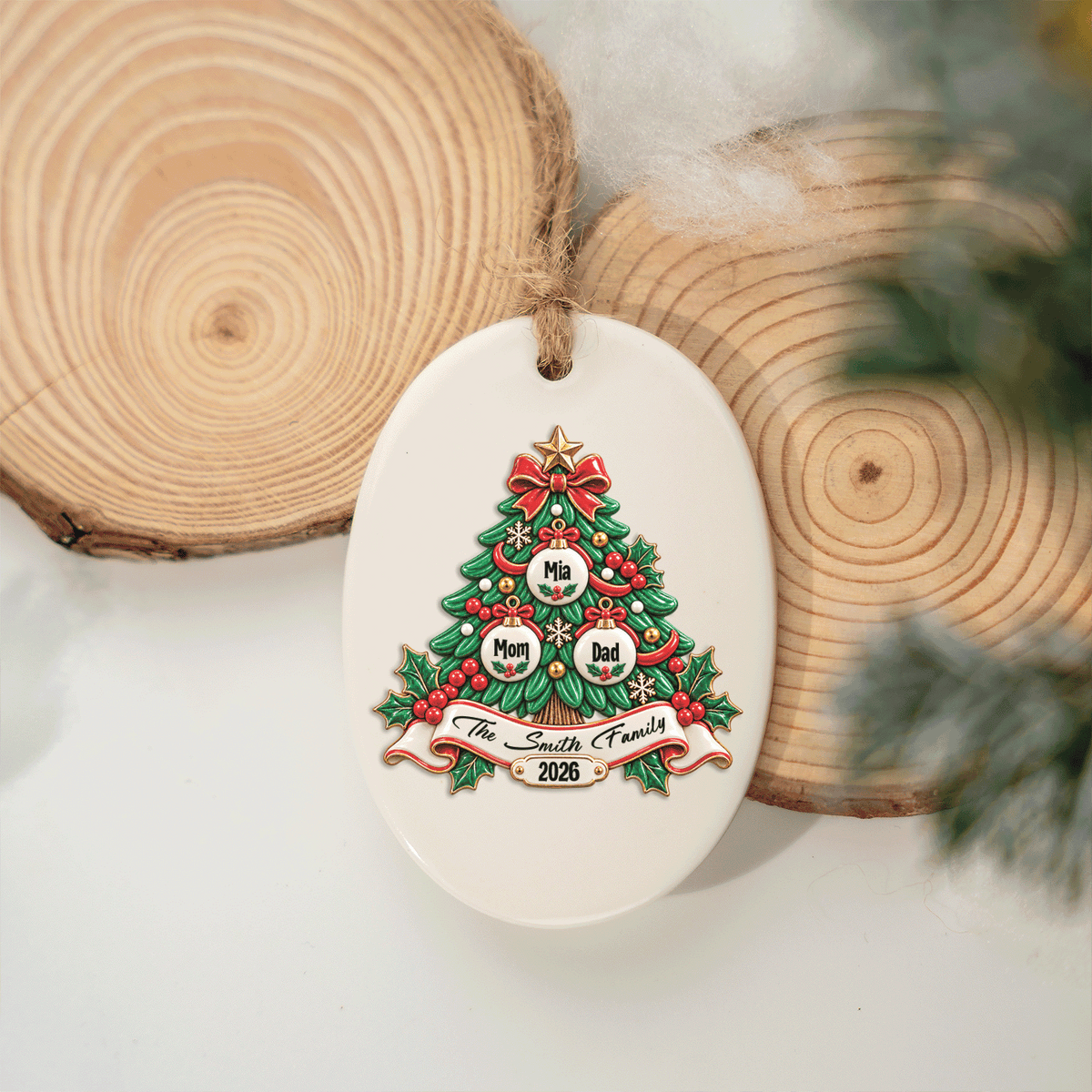 Personalized Christmas Tree Family Ceramic Oval Ornament, Custom Member Names Year Xmas Tree Hanging Decor Keepsake, Warm Holiday Gift for Family