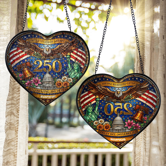 Personalized USA 250 Years Heart Stained Glass Suncatcher - Patriotic Eagle & Liberty Window Hanging 1776 - 2026