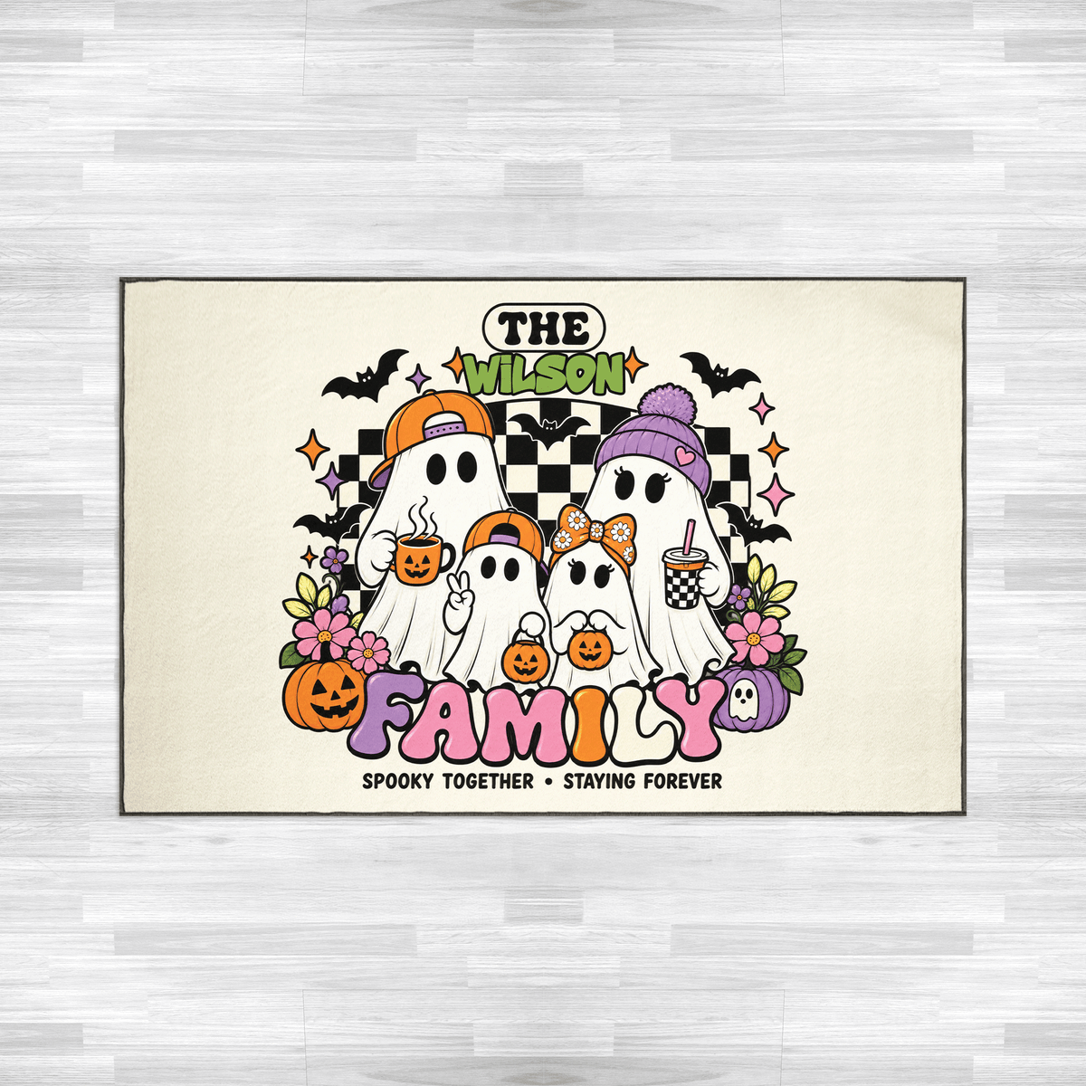 Personalized Halloween Cute Groovy Ghost Family Rug Custom Name Home Decor Floor Mat