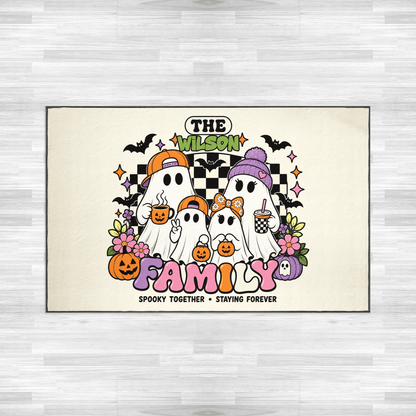 Personalized Halloween Cute Groovy Ghost Family Rug Custom Name Home Decor Floor Mat
