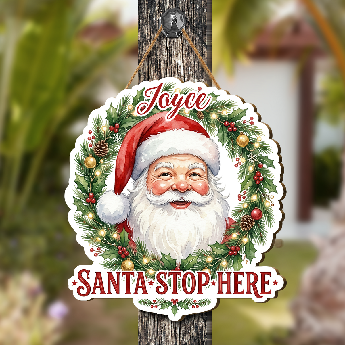 Personalized Santa Claus Wreath Custom Shape Wood Sign, Custom Family Name Santa Stop Here Pine Wreath Wooden Hanging Plaque, Festive Christmas Door & Wall Decor Family Gift