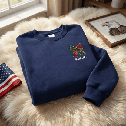 Personalized Christmas Bow Embroidered Sweatshirt | Custom Name Holiday Ribbon Crewneck Gift