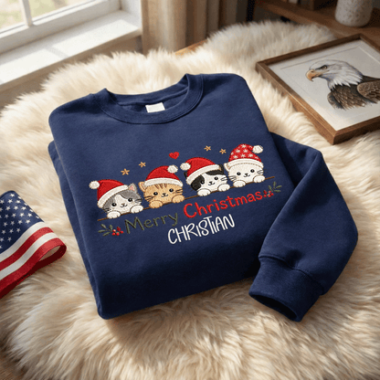 Personalized Embroidered Merry Christmas Cats Sweatshirt with Custom Name