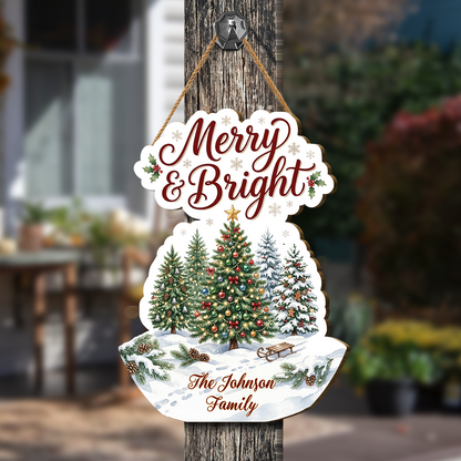 Personalized Christmas Trees Custom Shape Wood Sign, Custom Family Name Merry & Bright Winter Snowy Trees Wooden Hanging Plaque, Festive Holiday Door & Wall Decor Family Gift