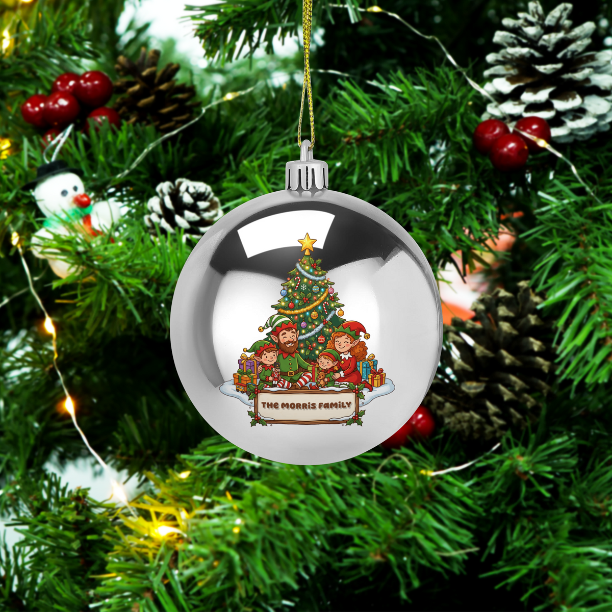 Personalized Family Name Christmas Elf Family Silver Ball Ornament, Custom Full Color Shatterproof Plastic Bauble