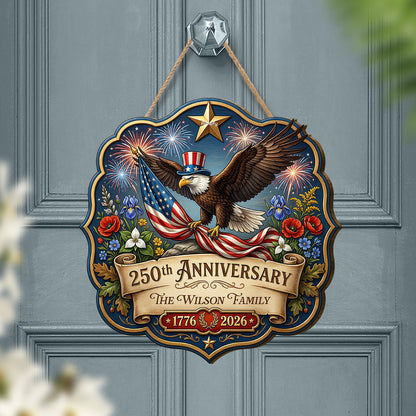 Personalized American Eagle 250th Anniversary Family Name Wooden Hanging Sign – Patriotic Decor Gift for Family – Independence Day Keepsake
