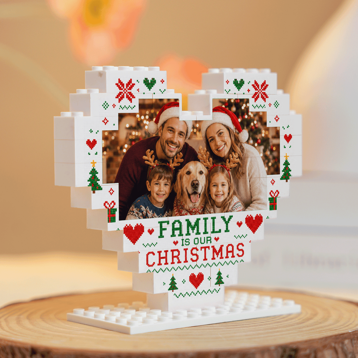 Personalized Photo Heart Building Block in White, Red & Green, Custom Family Picture Pixel Knit Xmas Brick Puzzle Keepsake Decor, Festive Christmas Desk Gift