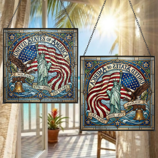 Personalized United States of America 250 Years Stained Glass Suncatcher Statue of Liberty Window Decor