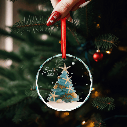 Personalized Christmas Tree Ocean Themed Glass and Acrylic Ornament