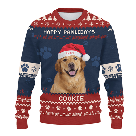 Personalized Pet Photo Christmas Sweater – “Happy Pawlidays” Ugly Sweater for Dog Lovers & Cat Lovers, Unisex Holiday Gift
