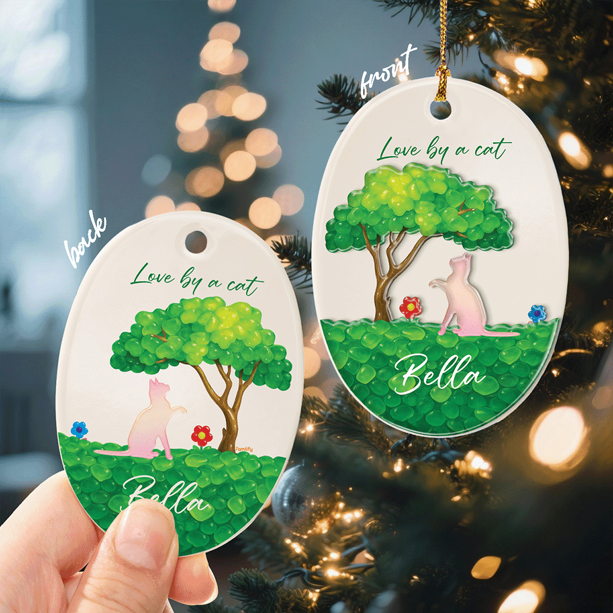 Love By A Cat - Personalized Cat Lover Ceramic and Acrylic Ornament