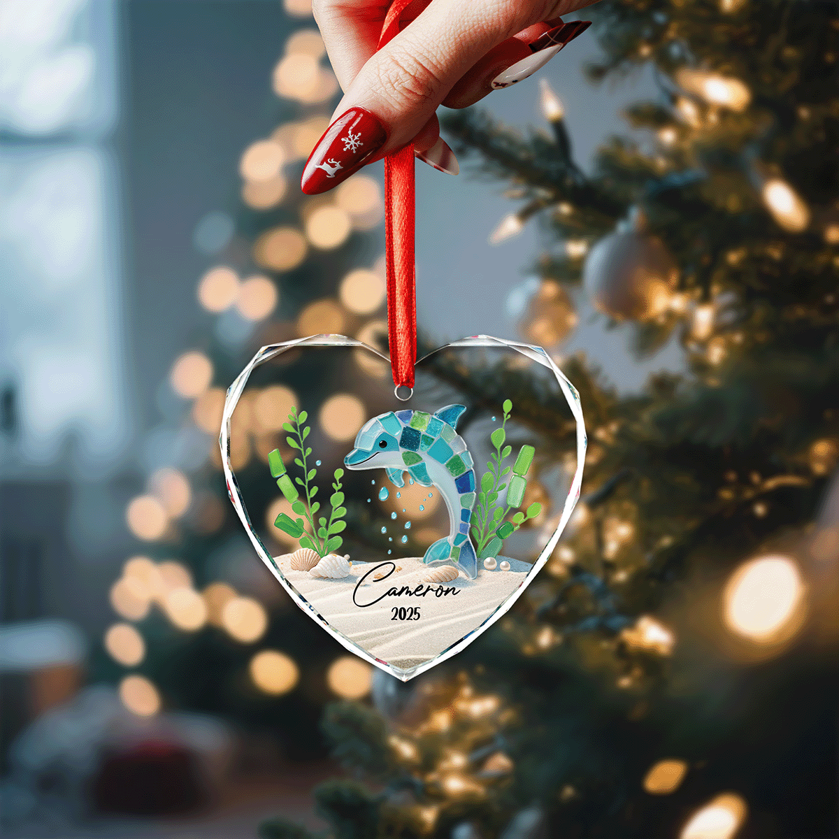 Personalized Dolphin Ocean Themed Glass and Acrylic Ornament