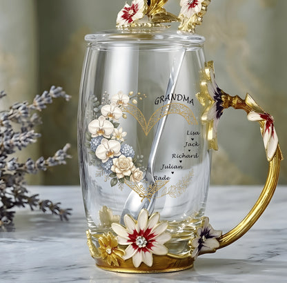 Grandma Floral Tea Cup with Kids’ Names – Personalized Enamel Flower Mug Mother’s Day Gift for Grandma