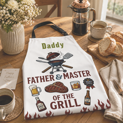 Father and Master of the Grill Apron – Funny BBQ Cooking Gift for Dad