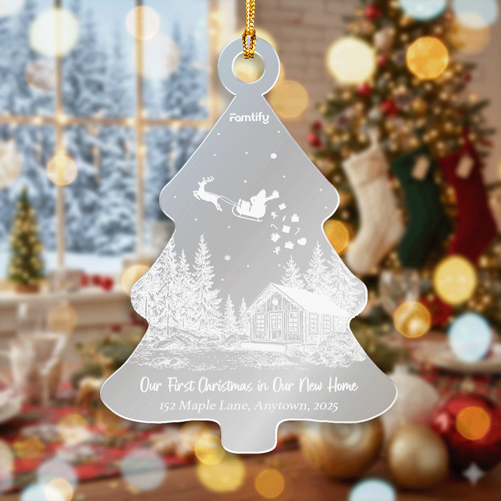 Personalized Christmas Tree Mirrored Acrylic Ornament - Gift For New Homeowner