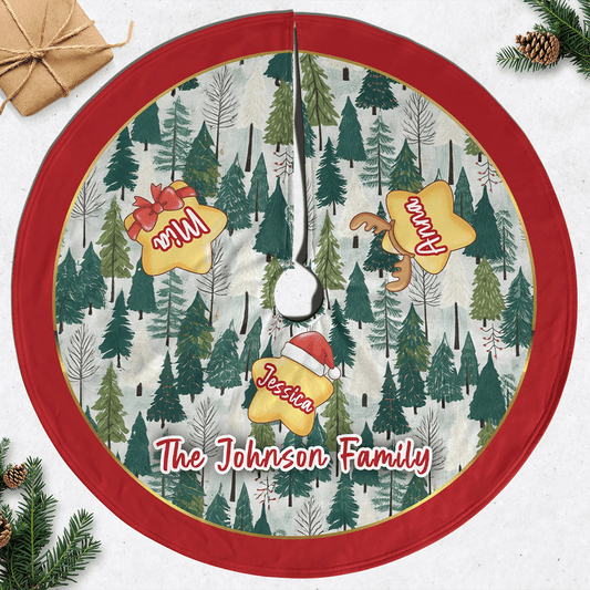 Togetherness forest tree skirt with three named star cookies