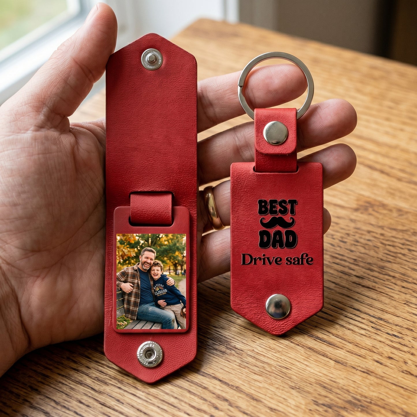 Personalized Leather Photo Keychain for Dad – Best Dad Drive Safe Father’s Day Gift