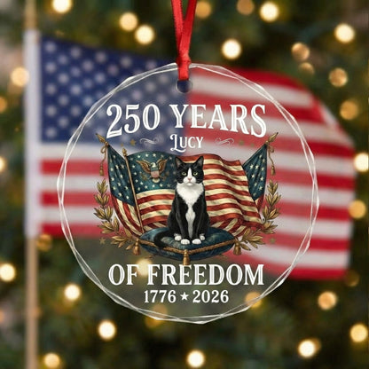 Personalized Cat Name 250 America Glass Ornament – Patriotic USA Keepsake