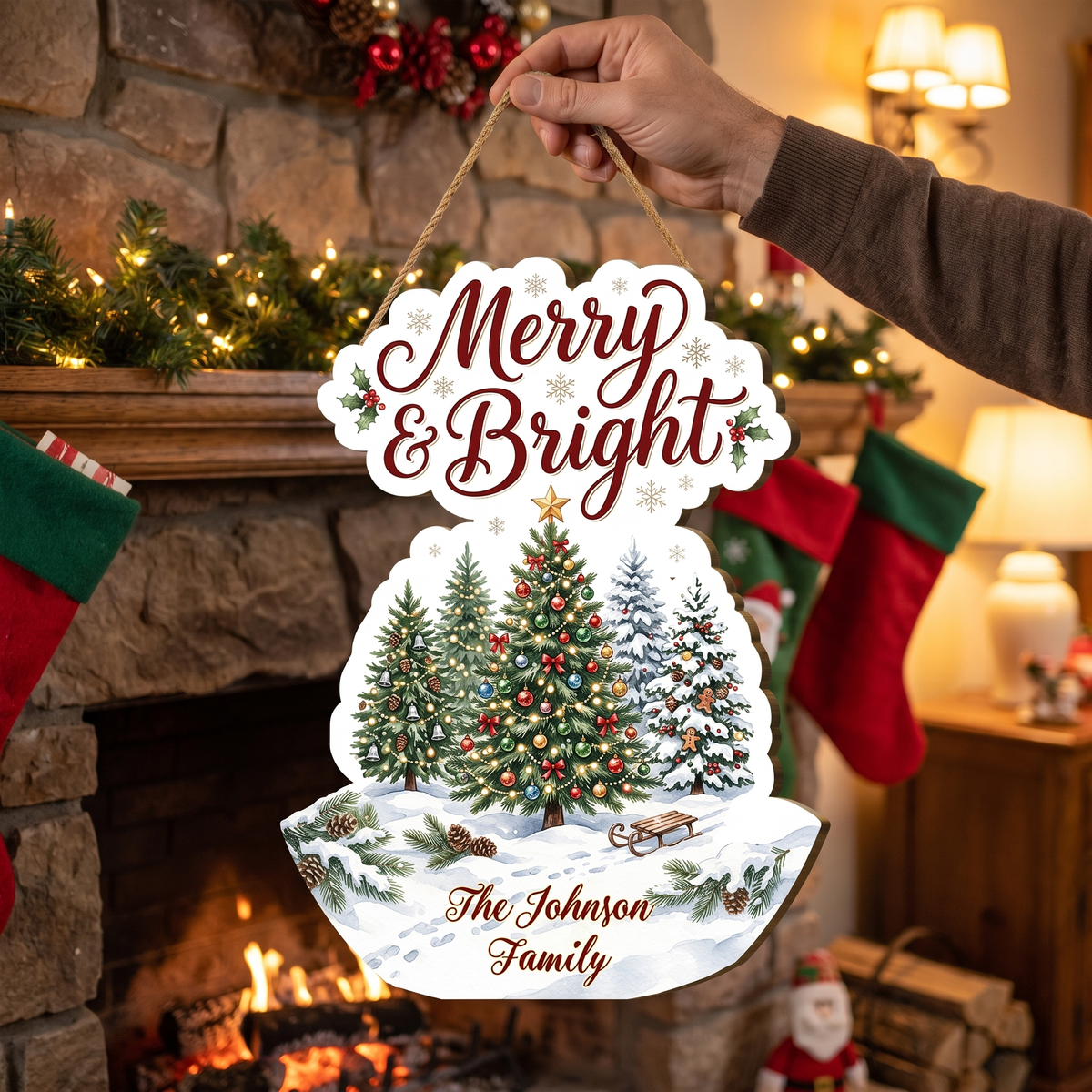 Personalized Christmas Trees Custom Shape Wood Sign, Custom Family Name Merry & Bright Winter Snowy Trees Wooden Hanging Plaque, Festive Holiday Door & Wall Decor Family Gift
