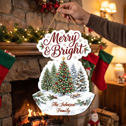 Personalized Christmas Trees Custom Shape Wood Sign, Custom Family Name Merry & Bright Winter Snowy Trees Wooden Hanging Plaque, Festive Holiday Door & Wall Decor Family Gift