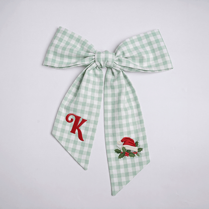 Custom Letter Christmas Santa Hat Embroidered Linen Wreath Sash, Personalized Sage Floral Monogram Bow for Front Door Decor