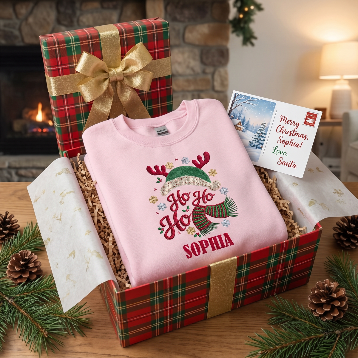 Personalized Ho Ho Ho Christmas Sweatshirt, Embroidered Reindeer Santa Hat & Scarf Christmas Pullover, Custom Name Holiday Gift