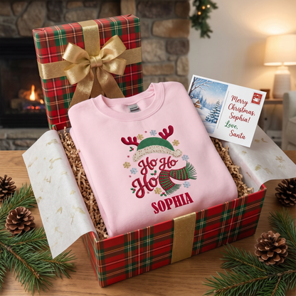Personalized Ho Ho Ho Christmas Sweatshirt, Embroidered Reindeer Santa Hat & Scarf Christmas Pullover, Custom Name Holiday Gift