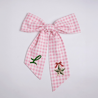 Custom Letter Christmas Star Embroidered Linen Wreath Sash, Personalized Monogram Holiday Bow Sash for Door Decor